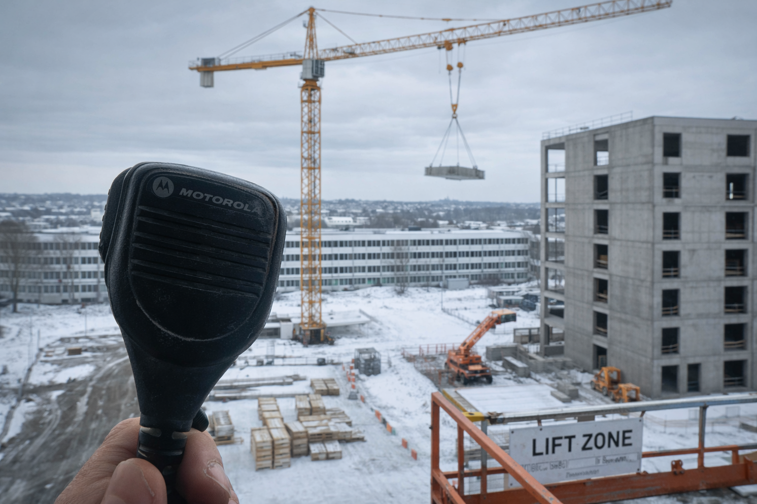 Signalplan på byggeplads med radio-kommunikation mellem kranfører og signalmand