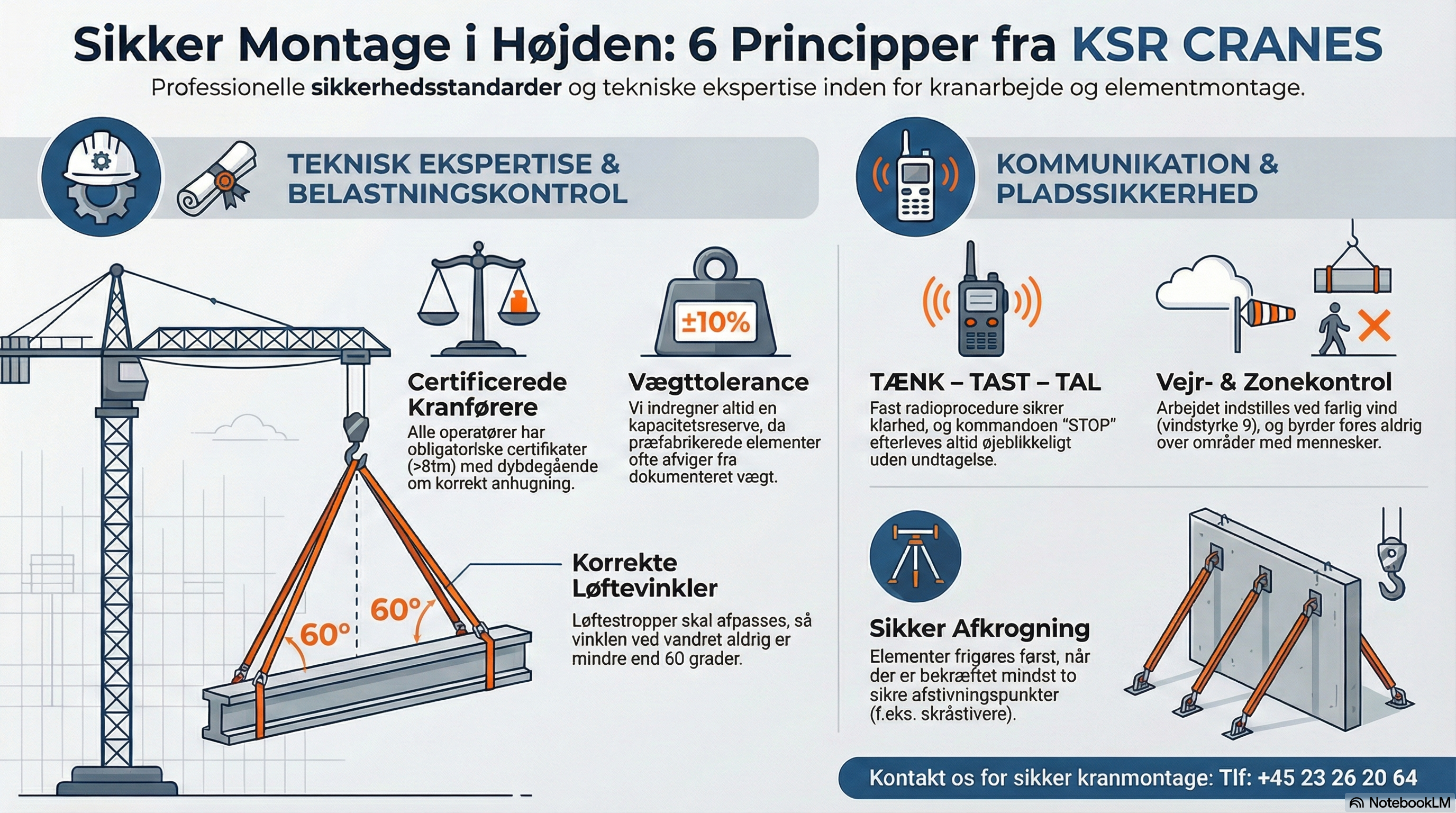 Kranfører fra KSR CRANES i kranens kabine, der bruger radio til sikker kommunikation under montage af betonelementer.